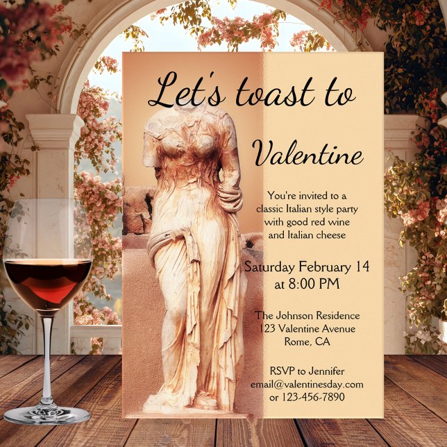 Klassisk inbjudan från Kärlek Goddess Valentine (Romantic classic Italian style Valentine's Day party invitation featuring an elegant Roman statue)