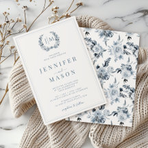 Klassisk inbjudan till Blue Grått Blommigt Boho We