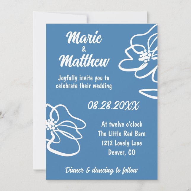 Klassisk inbjudan till fotoChic Blommigt Blue Wedd (Framsida)