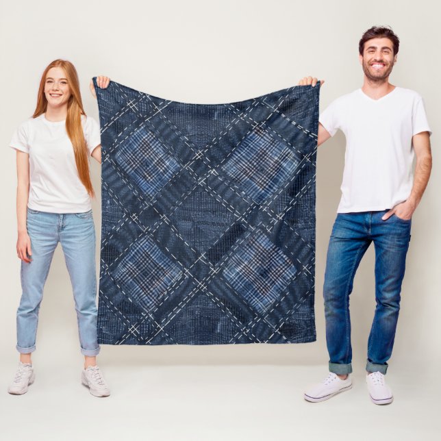 Klassisk Indigo Diamond Stitch Denim Mönster Fleecefilt (På plats)