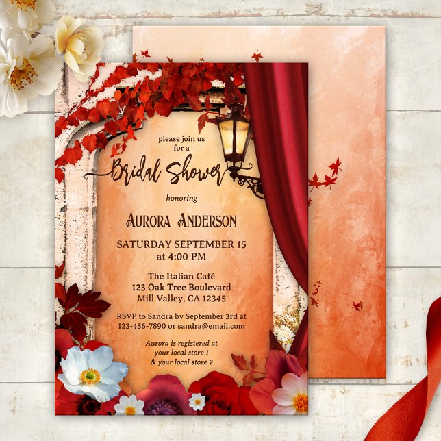 Klassisk italiensk Boho-Möhippa Inbjudningar (Italian bridal shower invitation featuring festive red flowers on a Roman arch with lantern)