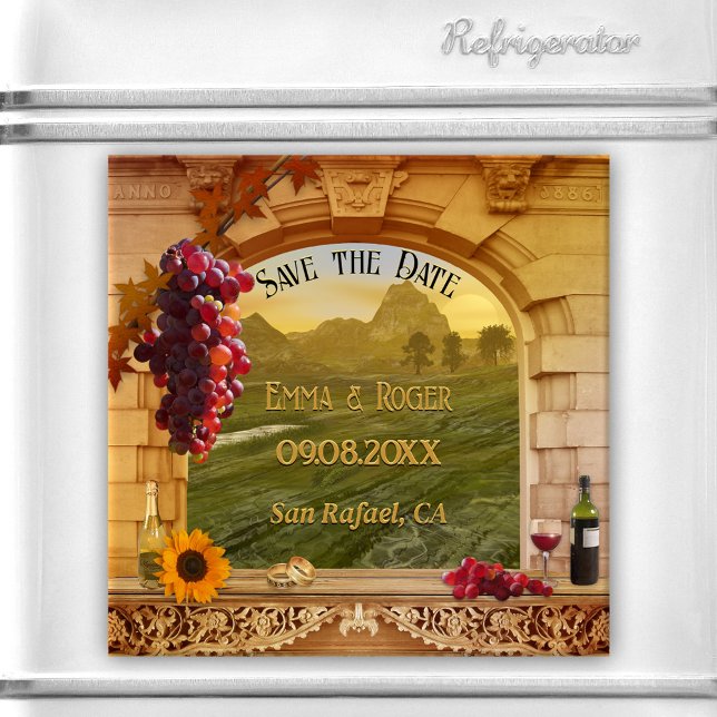 Klassisk italiensk vineyard - höst Spara datumet Magnet (Save the Date magnet featuring a fall winery or vineyard with Roman arch, grapes, wine and sunflower)