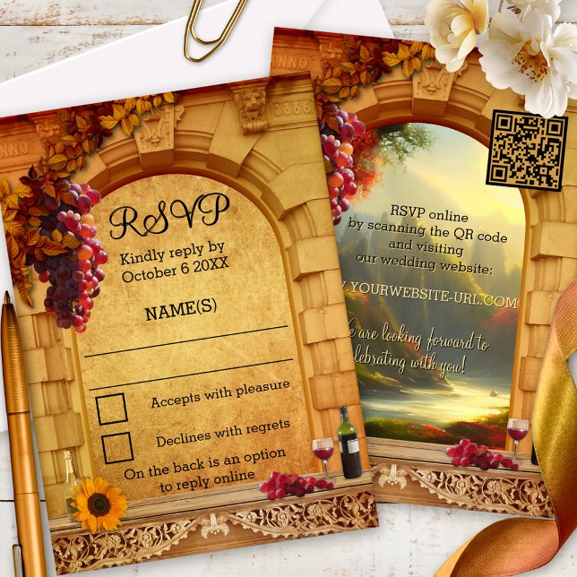 Klassisk italiensk Winery eller Vineyard OSA kort (Classic Italian vineyard or winery RSVP card featuring a Roman arch with grapes and wine - QR code)