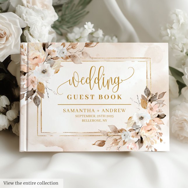Klassisk ivoriansk Guld Blommigt Bröllop Guest Bok (Classic Ivory Gold Frame Floral Wedding Guest Book)