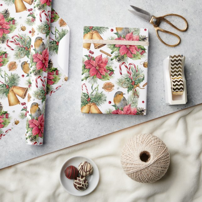 Klassisk jul Guld Klockor och fåglar Mönster Presentpapper (Hantverk)