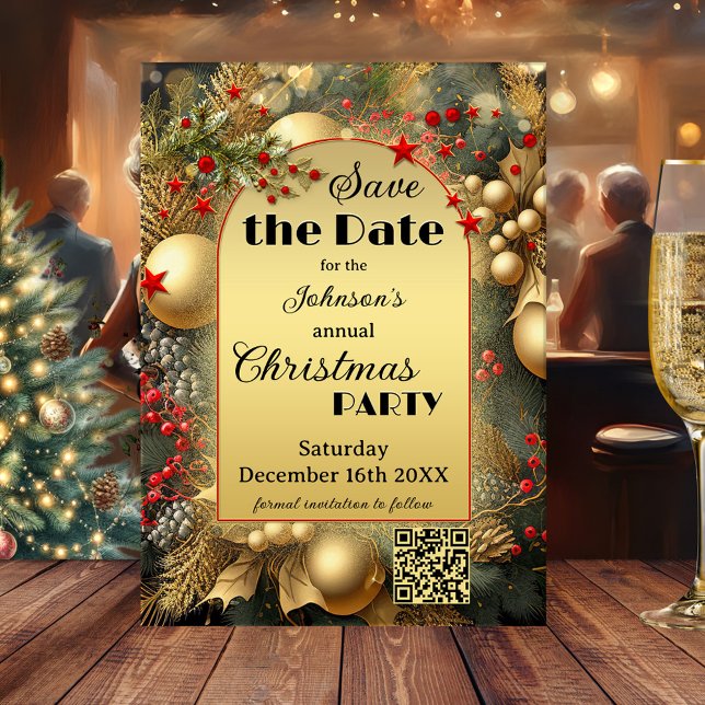 Klassisk jul i Guld Spara datumkortet Spara Datumet (Christmas Save the Date featuring a festive design with pine twigs and colorful red stars on gold)