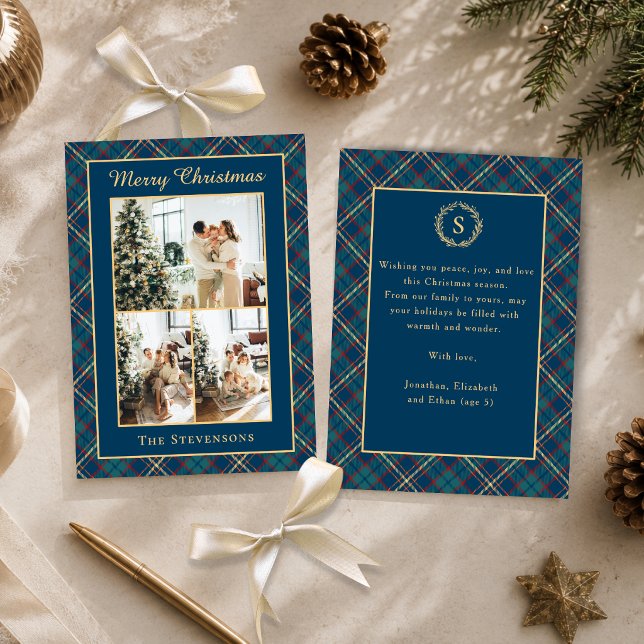Klassisk jul med blå tartanrutig pläd Multi Foto Julkort (Skapare uppladdad)