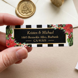 Klassisk jul Poinsettia Blommigt Guld Ram Returadress Etikett