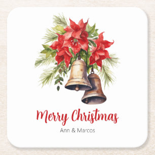 Klassisk jul Poinsettias & Golden Klockor Underlägg Papper Kvadrat