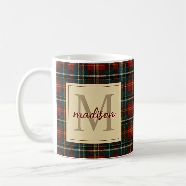 Klassisk jul Red Tartan Play Monogram Namn Kaffemugg (Vänster)