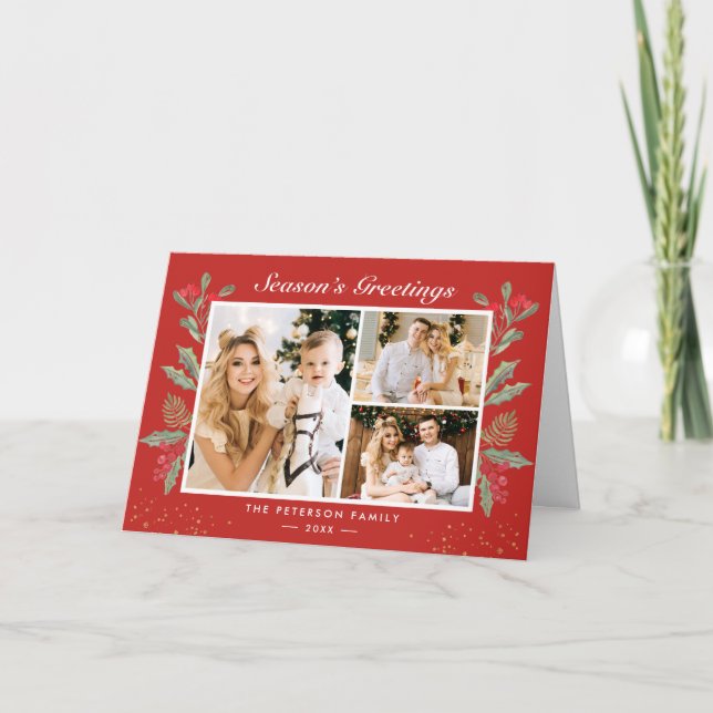 Klassisk jul Röda Holly Berries 3 Fotovikt Helgkort (Framsida)