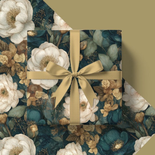 Klassisk jul vintrigt grönt och vitt blomsterarran presentpapper (Skapare uppladdad)