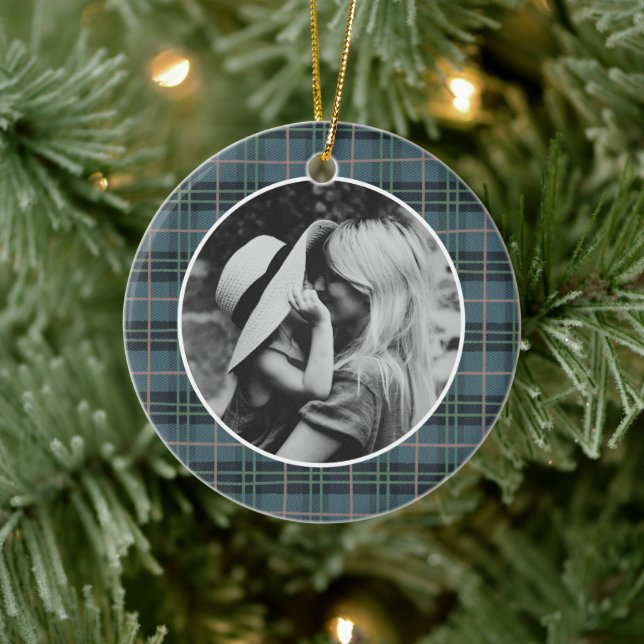 Klassisk julblå kartruta foto julgransprydnad keramik (Träd)