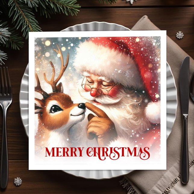Klassisk juldagsfest med Tomte och Rudolf  Pappersservett (Classic Santa and Rudolph Christmas Dinner Party Napkins

)