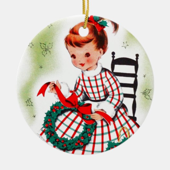 Klassisk julflicka med andnöd Rosett band Julgransprydnad Keramik (Framsidan)