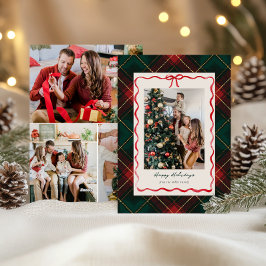 Klassisk julfotokort med röd band och rutigt mönst julkort
