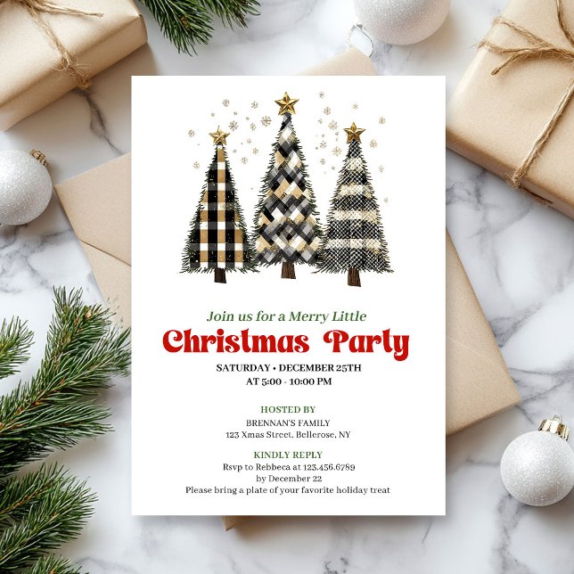 Klassisk julgran julfest inbjudan i buffalo-ruta (Classic buffalo plaid Christmas tree party invite)