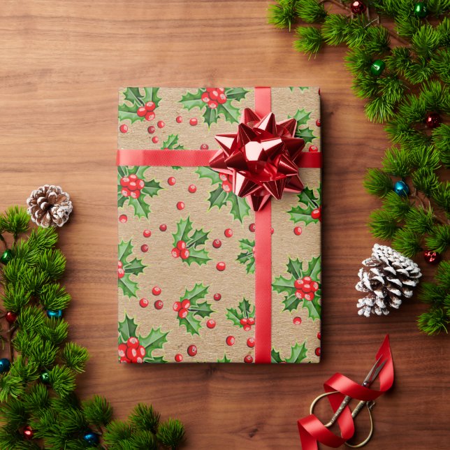 Klassisk julgrön hyltorn röda bär presentpapper (Julgåva)