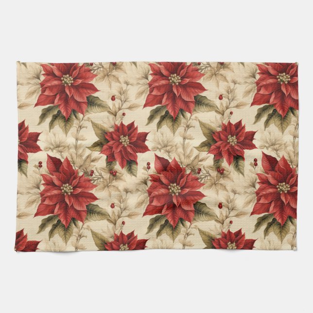Klassisk julhandduk rustik röd blommig stil kökshandduk (Horisontell)