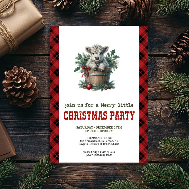 Klassisk julinbjudan med högländsk ko och röda blo inbjudningar (Classic highland cow Christmas invite red florals

)
