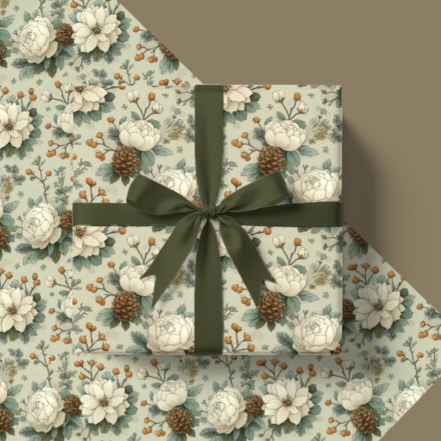 Klassisk julkräm och salvia grön blomsterpresent presentpapper (Skapare uppladdad)