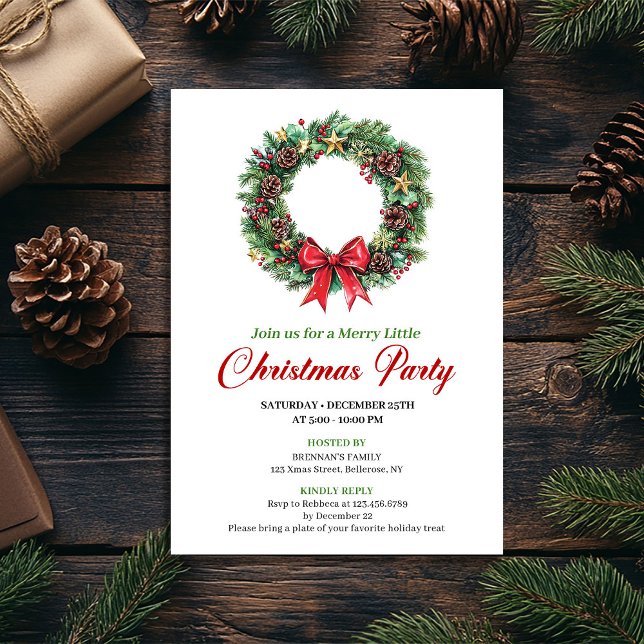 Klassisk julkrans julfest inbjudan (Classic Pine Wreath Christmas Party Invitation)