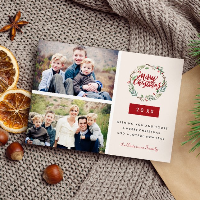 Klassisk julkrans Två bilder Personligad Vykort (Capture Cherished Memories with our Classic Holiday Card Design |Winter Flowers and Berries Wreath)