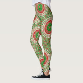Klassisk julmandala i rött, grönt och guld leggings