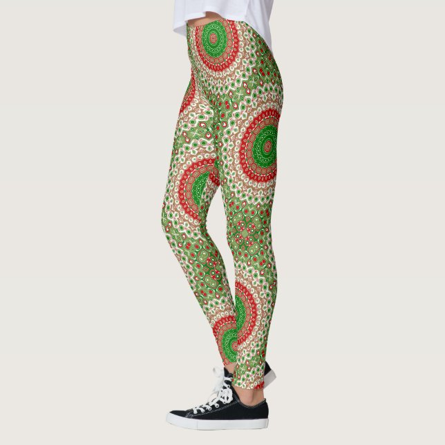 Klassisk julmandala i rött, grönt och guld leggings (Vänster)