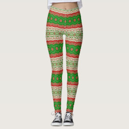 Klassisk julmandala i rött, grönt och guld leggings