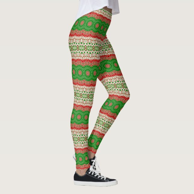 Klassisk julmandala i rött, grönt och guld leggings (Höger)