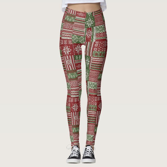 Klassisk julpatchworkstickad -Röd, Grön (2) Leggings (Framsida)