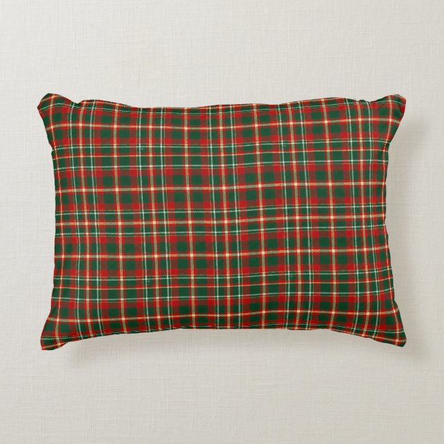 Klassisk julrutig tartan röd grön guld prydnadskudde (Framsidan)