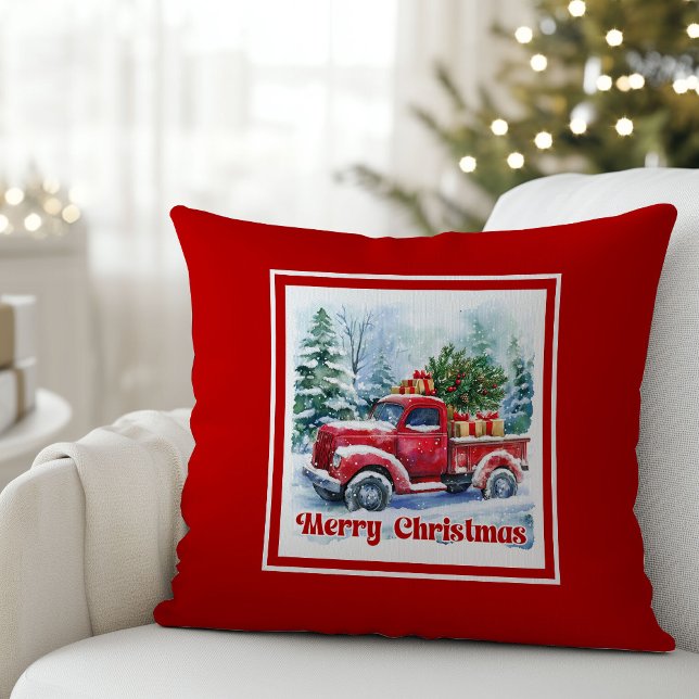 Klassisk julscen med röd lastbil i rustik stil  kudde (Bring timeless holiday charm into your home with this beautifully illustrated watercolor Christmas r)