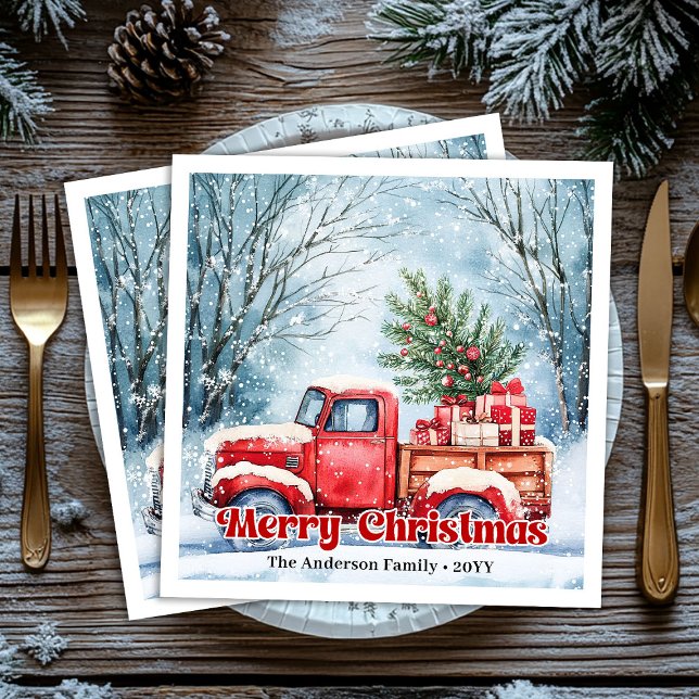 Klassisk julscen med röd lastbil på rustika servet pappersservett (Classic red truck Christmas scene rustic napkins set)