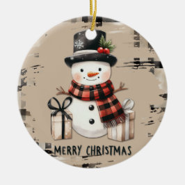 Klassisk julskål med snöman på en varm rutig prydn julgransprydnad keramik