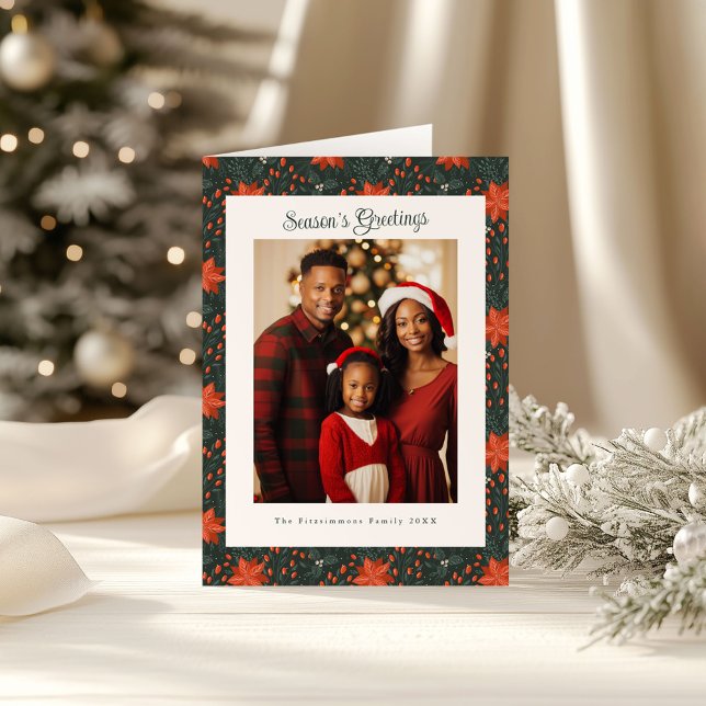 Klassisk julstjärna i skoggrön färg Foto julen Kort (Poinsettia Season Folded Christmas Card forest green)