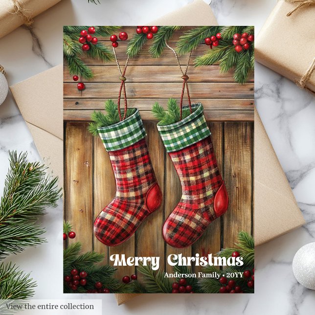 Klassisk julstrumpa rustik julkaprifolje bär julkort (Classic Christmas bells rustic holly berries greeting)
