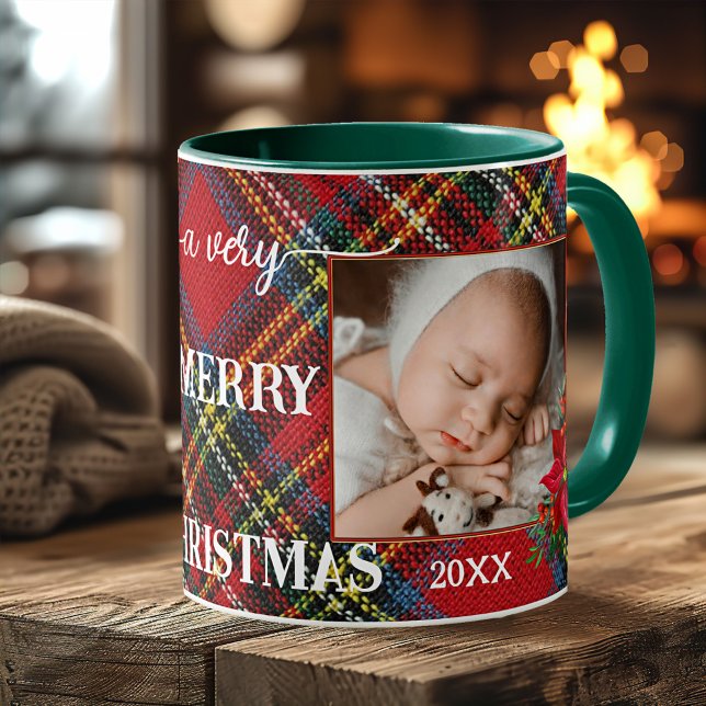 Klassisk jultomte Keepsaké Photo Mugg (Classic mug featuring your own custom photos framed by a plaid pattern with Christmas flowers)