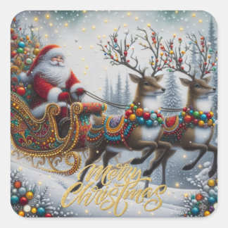 Klassisk jultomte och renar fyrkantigt klistermärke