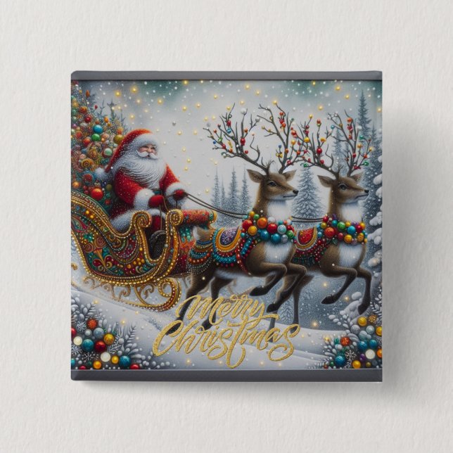 Klassisk jultomte och renar knapp (Framsida)