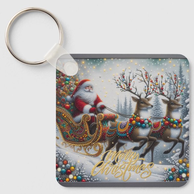 Klassisk jultomte och renar nyckelring (Framsida)