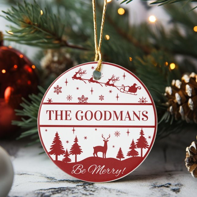 Klassisk jultomte och Sleigh-Personligen Julgransprydnad Keramik (Classic Santa and Sleigh Personalized Christmas Ceramic Ornament -Just add your name or special text)