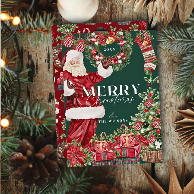 Klassisk Jultomten Julgran Grönt Julkort (Skapare uppladdad)