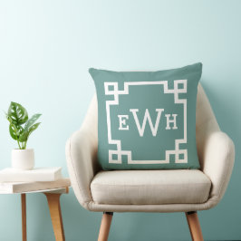 Klassisk Juniper Green Grekisk Nyckel Monogram Ini Kudde