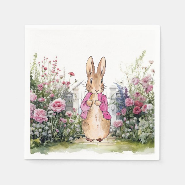 Klassisk kanin i rosa jacka i sin trädgård pappersservett (Framsidan)