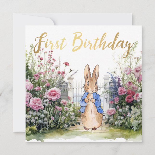 Klassisk kanin trädgård 1-års födelsedag kort (Framsida)