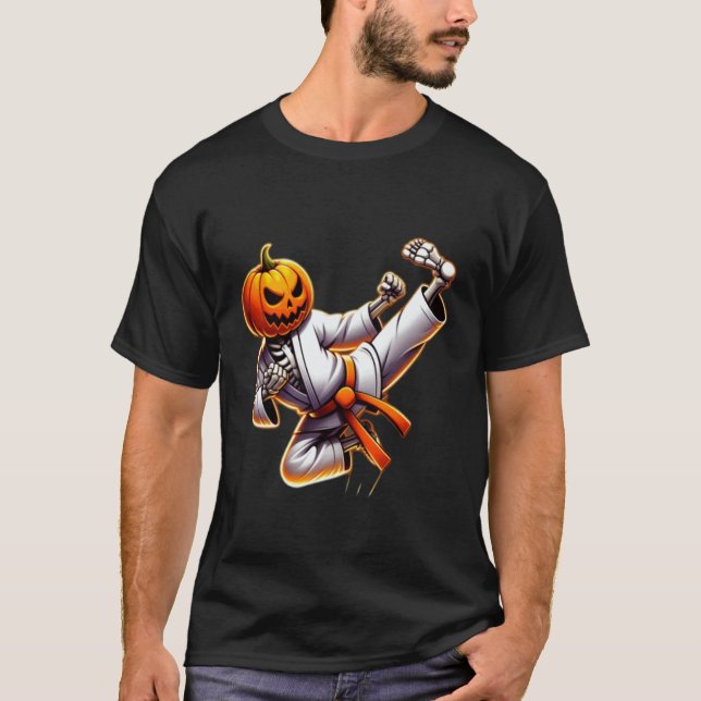 Klassisk karate Halloween-pumpa skelett spöklik M T Shirt (Framsida)