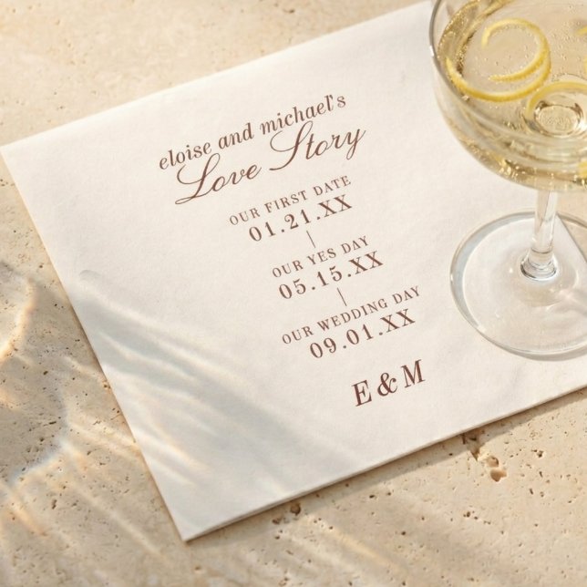 Klassisk Kärlekshistoria Tidslinje Burgunder Röd B Pappersservett (Classic Love Story Timeline Burgundy Wedding Napkins)