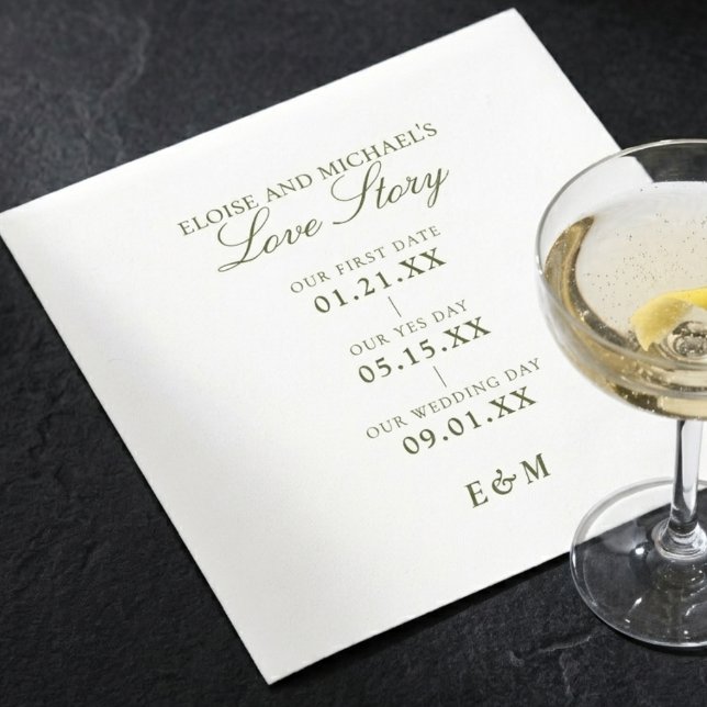 Klassisk Kärlekshistoria Tidslinje Sälggrön Bröllo Pappersservett (Classic Love Story Timeline Sage Green Wedding Napkins)